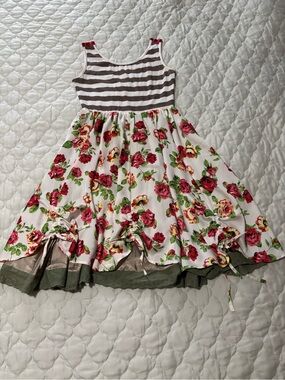 Floral Striped Sundress with Rose Print - White, Pink & Green